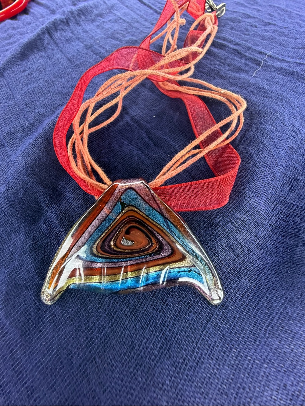 Handmade Multicolor Glass Whale Tail Pendant Necklace - Red Ribbon